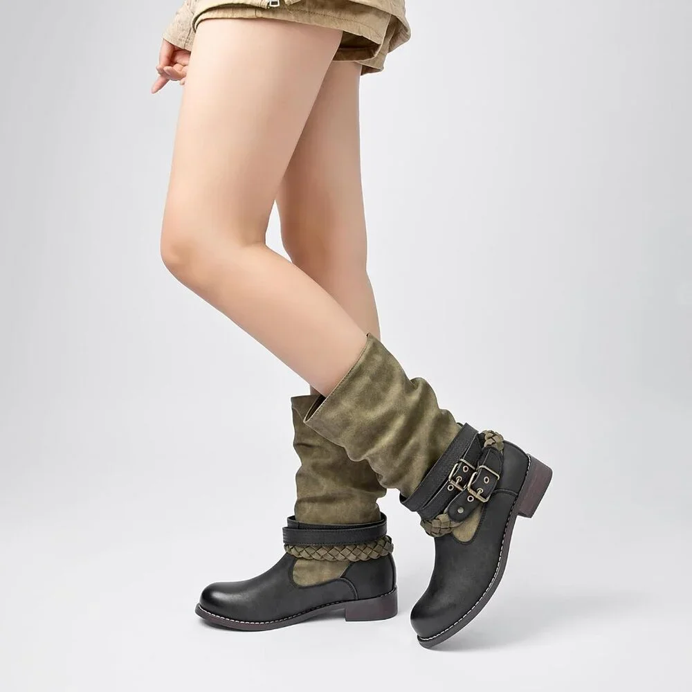 Women's Green SelRoys Mid-Calf Motorcycle Riding Boots Buckle Straps Pull-On - Picture 6 of 7